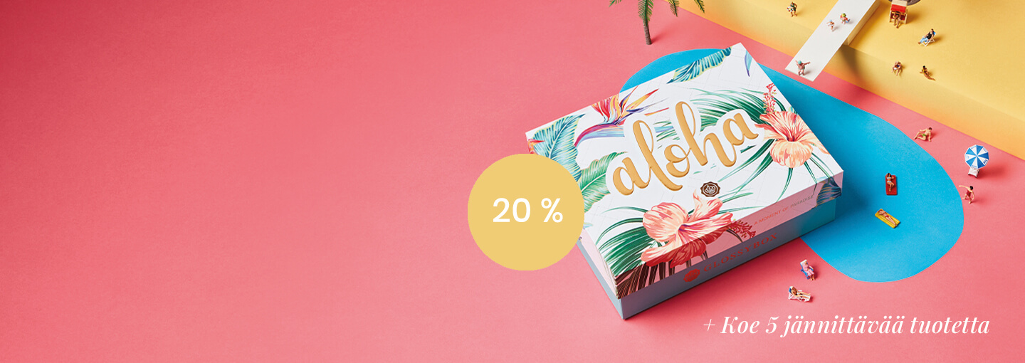 Heinäkuu on täällä ja niin myös kuukauden erikoiskuvitettu Aloha boksi on julkaistu! Unelmoi kauas trooppisille rannoille ja turkoosiin meriveteen - Aloha tuo luoksesi kesän kuuminta kauneudenhoitoa viidellä eksoottisella tuotteella! <br><br> Liity glossieksi nyt ja saat kuukauden upean kauneusboksin 20 % alennuksella vain hintaan 14,39 € koodilla ALOHA!