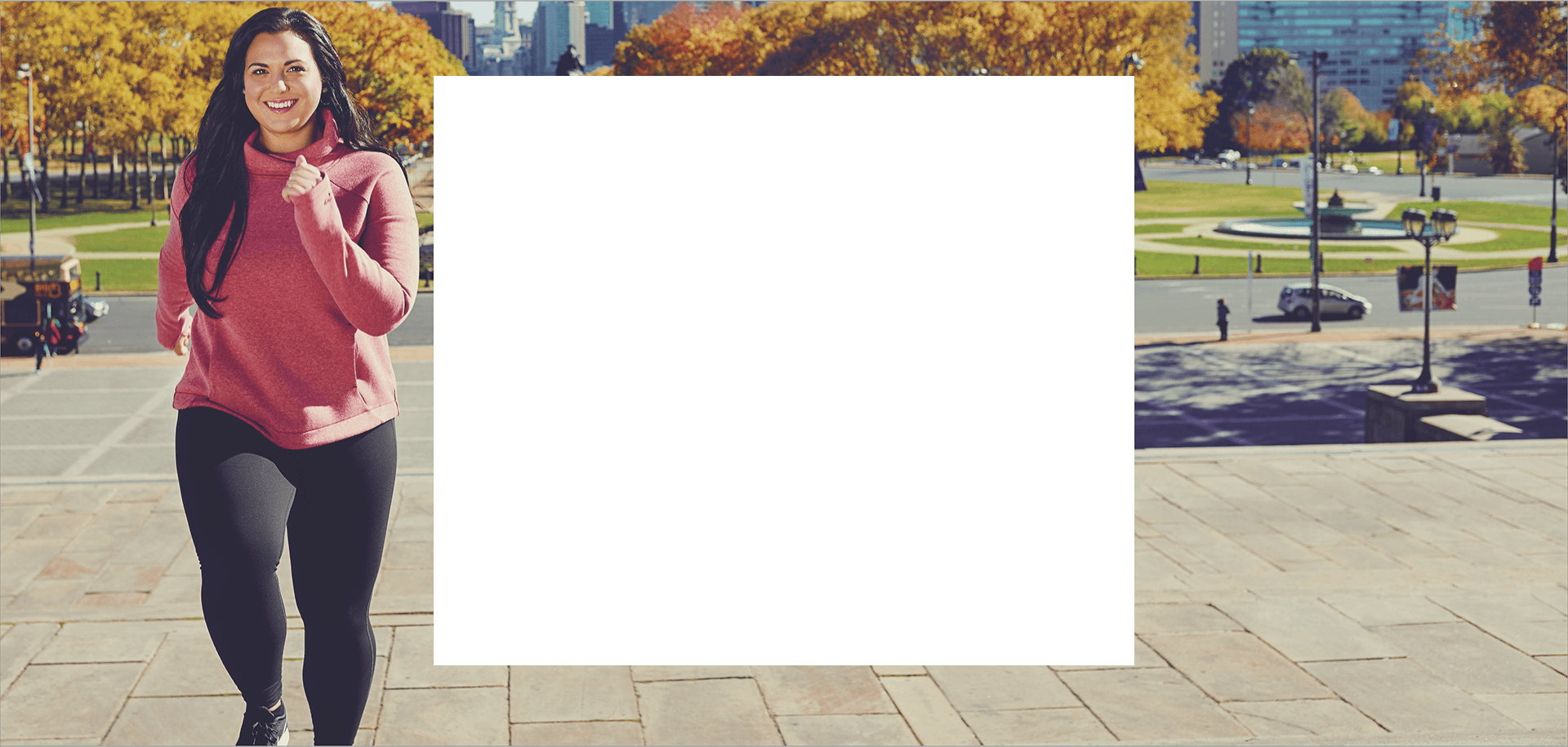 Image of a woman running with a white box in the centre