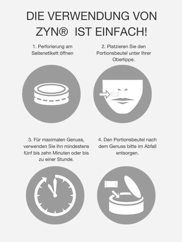 Die Verwendung von ZYN ist einfach: 1. Perforierung am Seitenetikett öffnen 2. Platzieren Sie den Portionsbeutel unter Ihrer Oberlippe. 3. Für maximalen Genuss, verwenden Sie ihn mindestens fünf bis zehn Minuten oder bis zu einer Stunde. 4. Den Portionsbeutel nach dem Genuss bitte im Abfall entsorgen.