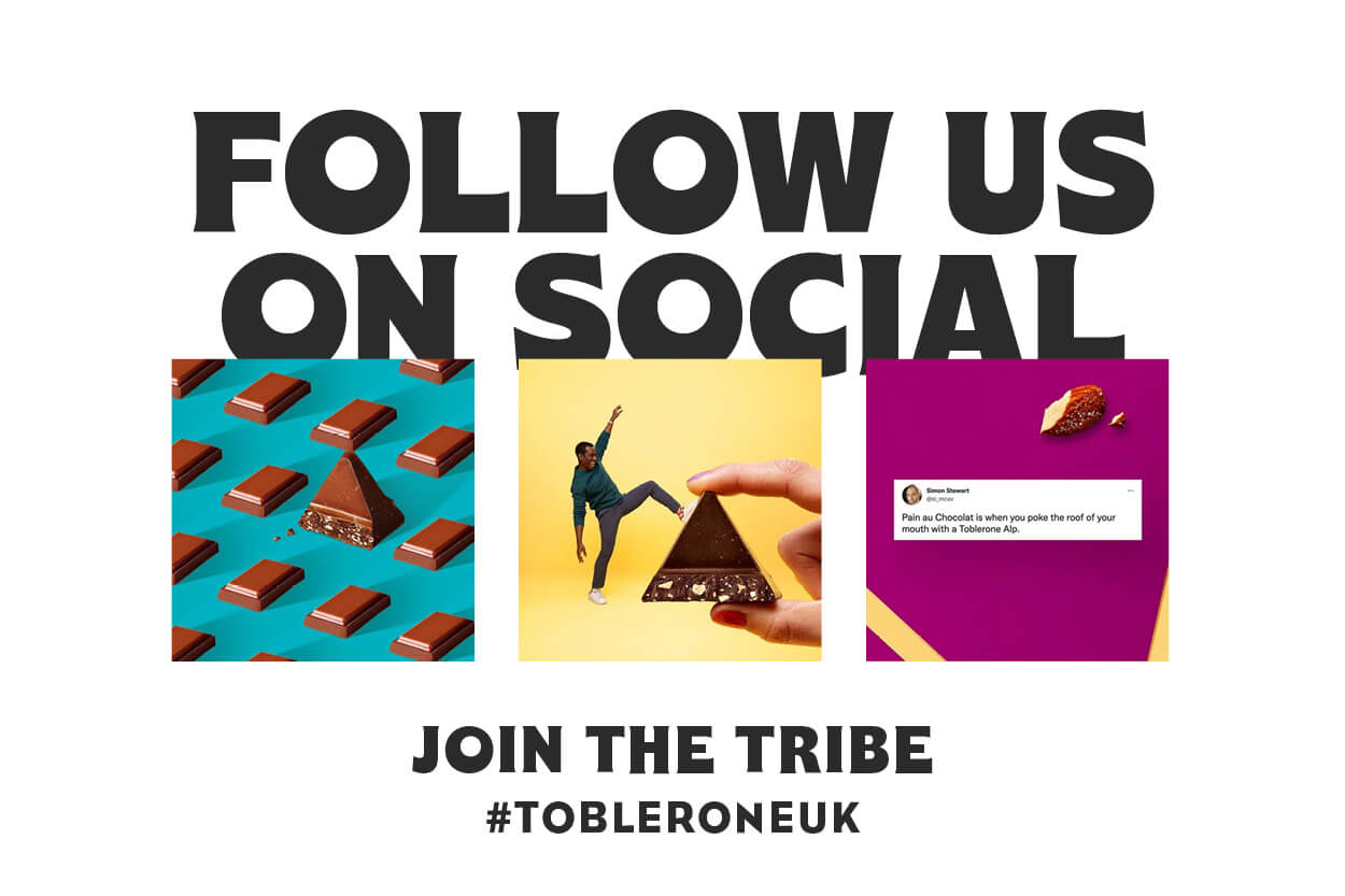 Black writing with Follow us on social, join the tribe joined with 3 small pictures all relating to Toblerone.