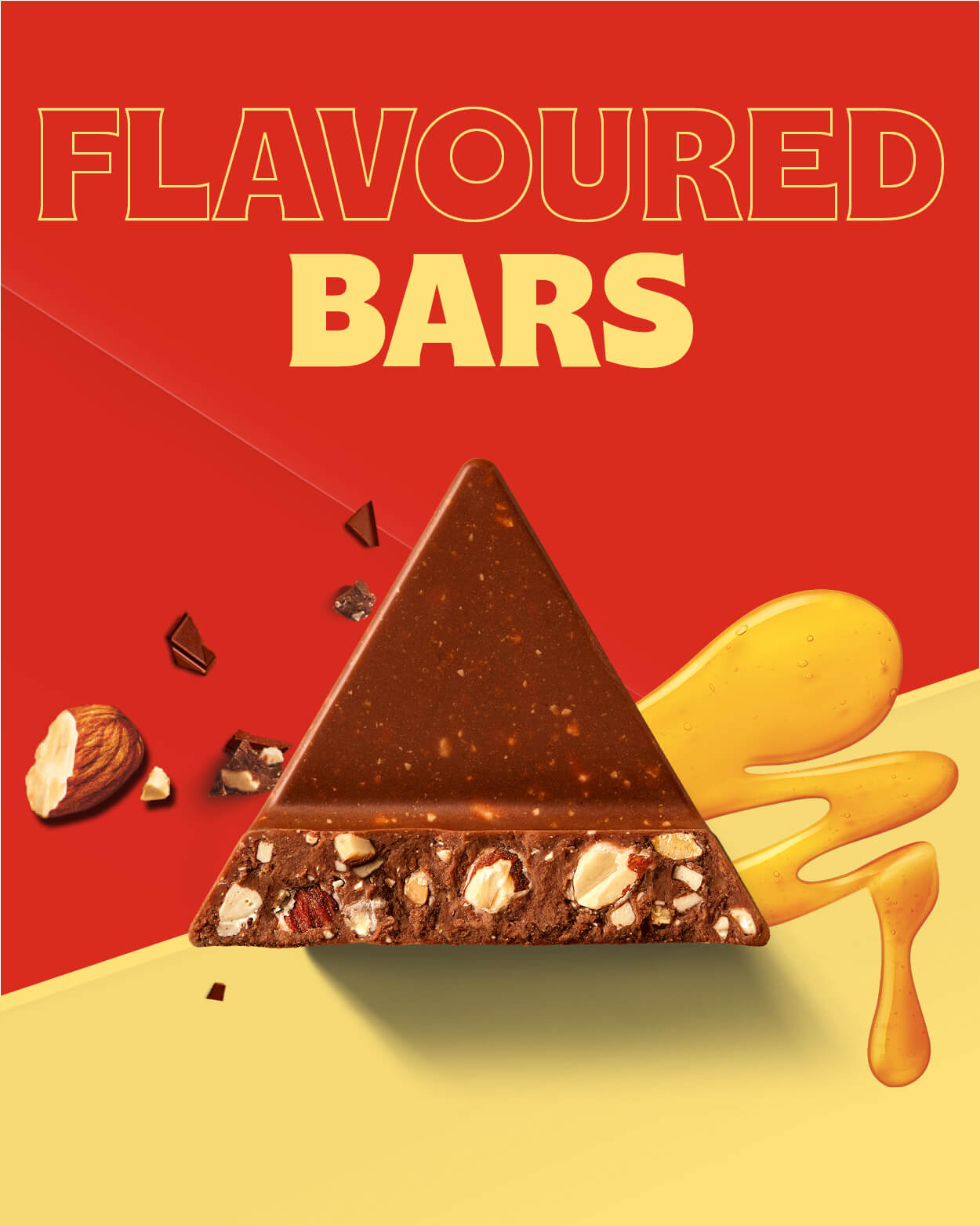 Triangle shaped Cross section of a Toblerone Bar on top of dripping caramel