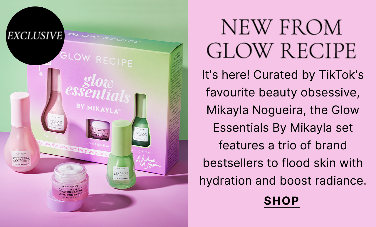 NEW from Glow Recipe It's here! Curated by TikTok's favourite beauty obsessive, Mikayla Nogueira, the Glow Essentials By Mikayla set features a trio of brand bestsellers to flood skin with hydration and boost radiance. SHOP