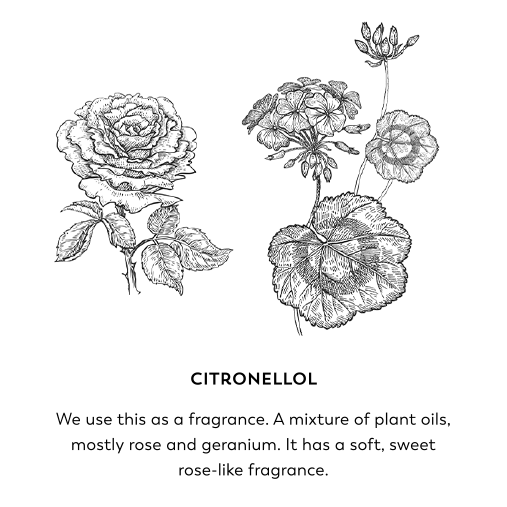 Citronellol. We use this as a fragrance. A mixture of plant oils, mostly rose and geranium. It has a soft, sweet rose-like fragrance.