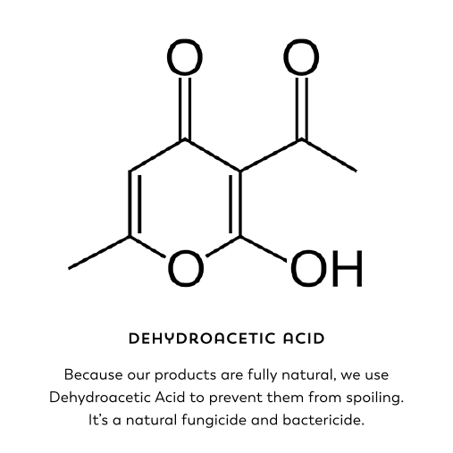 Dehydroacetic acid. Because our products are fully natural, we use Dehydroacetic Acid to prevent them from spoiling. It's a natural fungicide and bactericide.