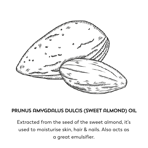 Prunus amygdalus dulcis (sweet almond) oil. Extracted from the seed of the sweet almond, it's used to moisturise skin, hair and nails. Also acts as a great emulsifier.