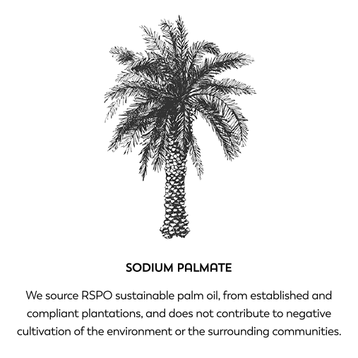 Sodium palmate. We source RSPO sustainable palm oil, from established and compliant plantations, and does not contribute to negative cultivation of the environment or the surrounding communities.