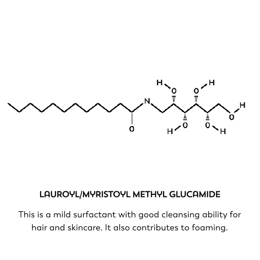 Lauroyl/myristoyl methyl glucamide. This is a mild surfactant with good cleansing ability for hair and skincare. It also contributes to foaming.
