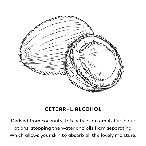 Cetearyl alcohol. Derived from coconuts, this acts as an emulsifier in our lotions, stopping the water and oils from separating. Which allows your skin to absorb all the lovely moisture.