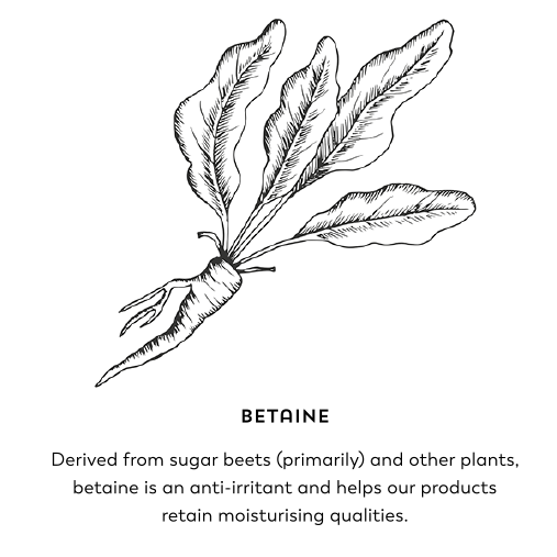 Betaine. Derived from sugar beets (primarily) and other plants, betaine is an anti-irritant and helps our products retain moisturising qualities.