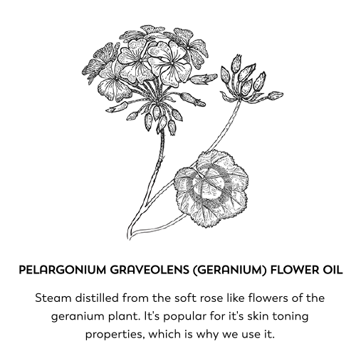 Pelargonium graveolens (geranium) flower oil. Steam distilled from the soft rose like flowers of the geranium plant. It's popular for it's skin toning properties, which is why we use it.