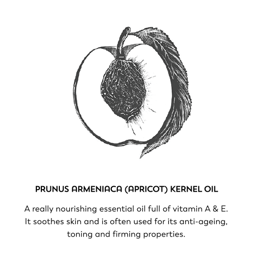 Prunus armeniaca (apricot) kernel oil. A really nourishing essential oil full of vitamin A & E. It soothes skin and is often used for its anti-ageing, toning and firming properties.