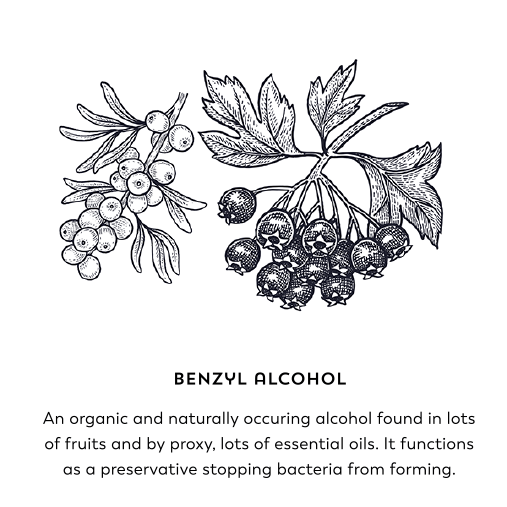 Benzyl alcohol. An organic and naturally occurring alcohol found in lots of fruits and by proxy, lots of essential oils. It functions as a preservative stopping bacteria from forming.