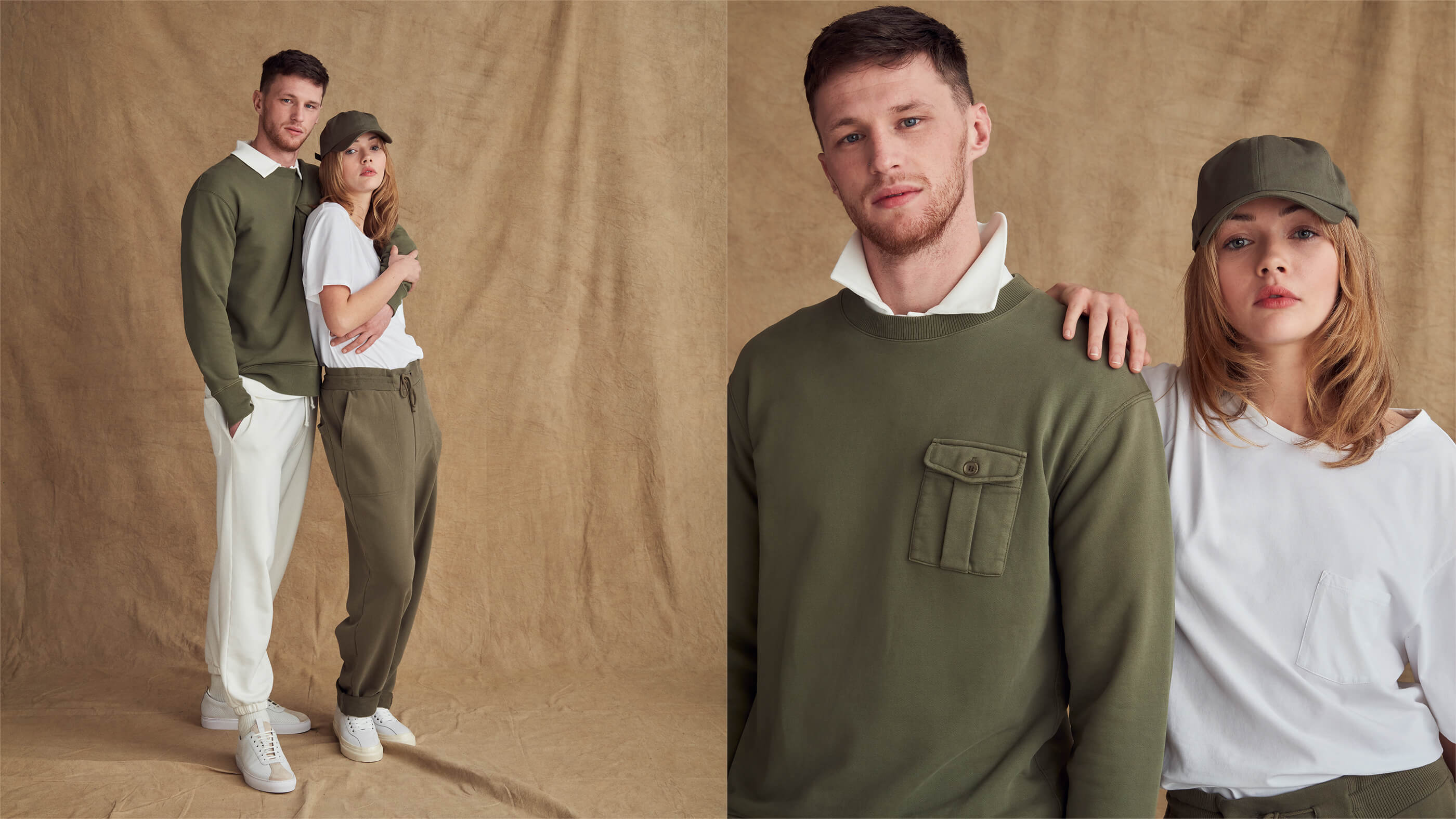 Models wearing khaki and offwhite sweats styled with a cap