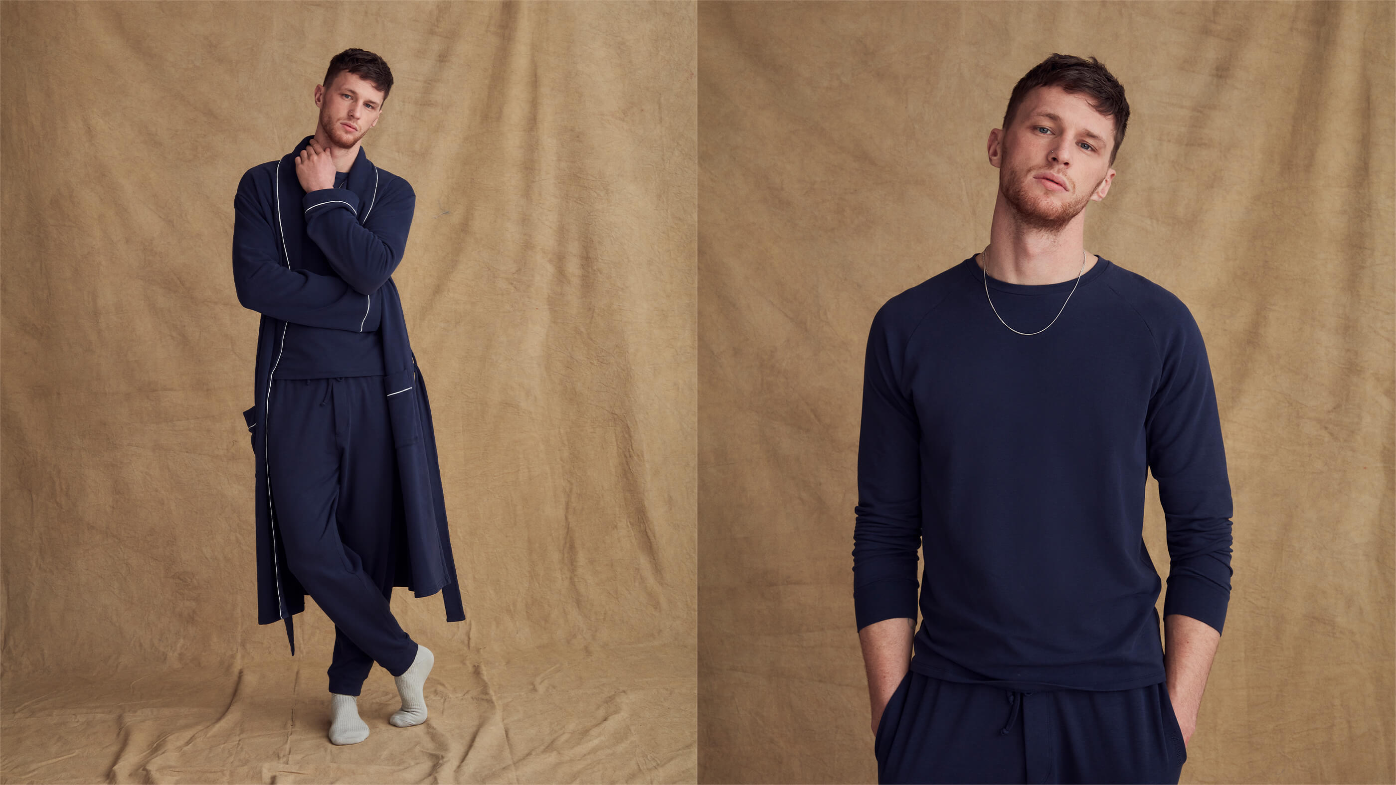 Models wearing navy pyjamas with dressing gown