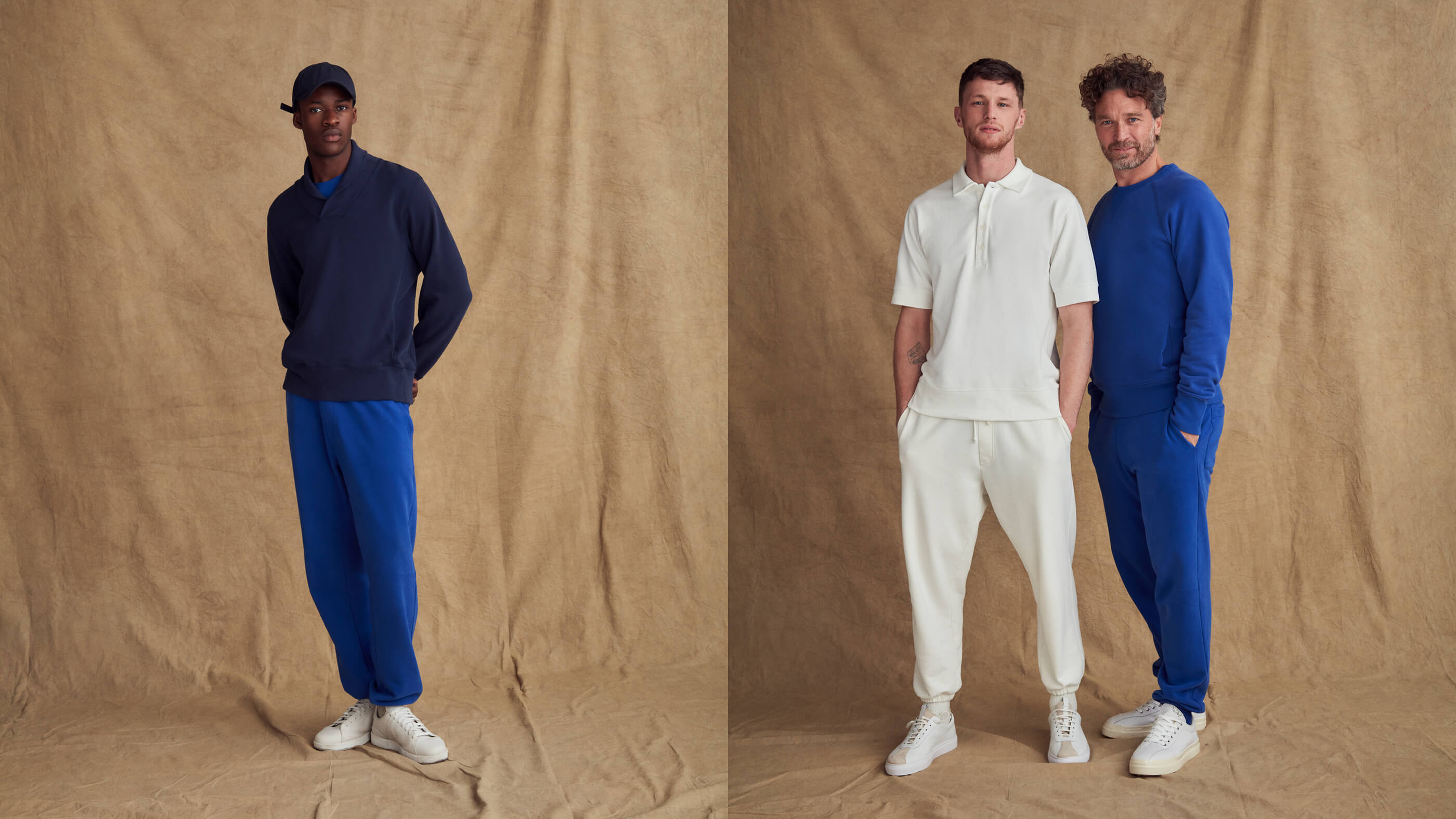 Models wearing navy, blue and off white sweats