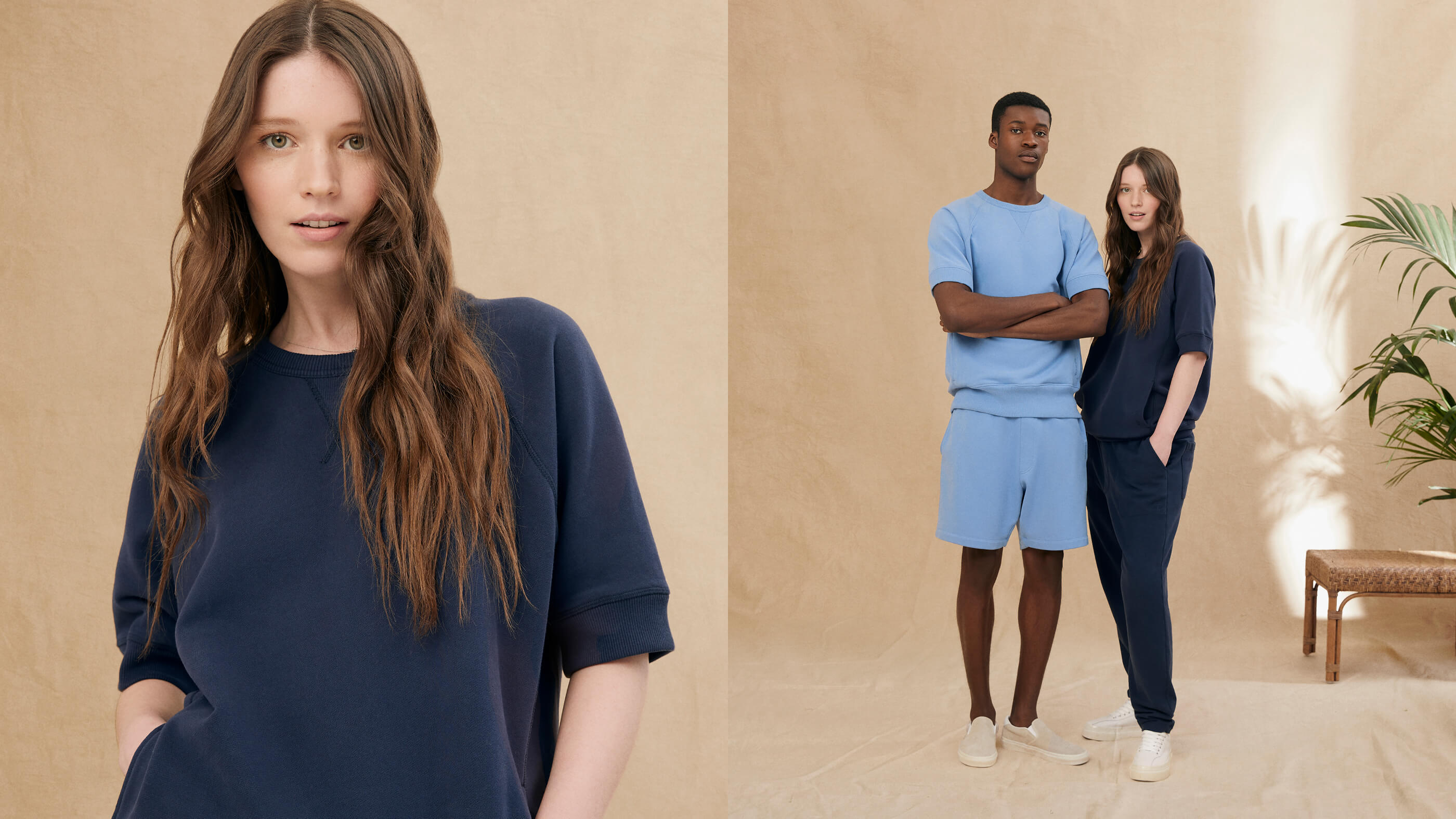 models wearing navy and light blue sweat sets