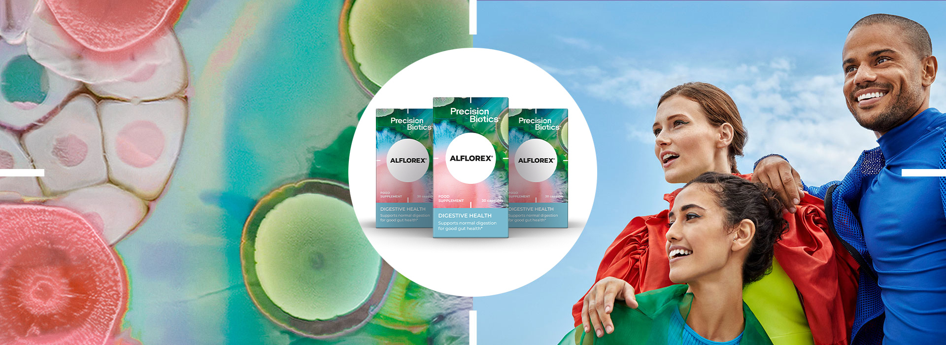 Alflorex digestive health Supplements on the colourful background.