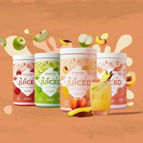 A world's first JUICY meal replacement shakes available in Peach & Mango, Apple & Pear, Cranberry & Pomegrante and Grapefruit
