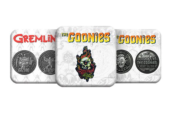 GOONIES AND GERMLINS COINS AND PIN BADGE